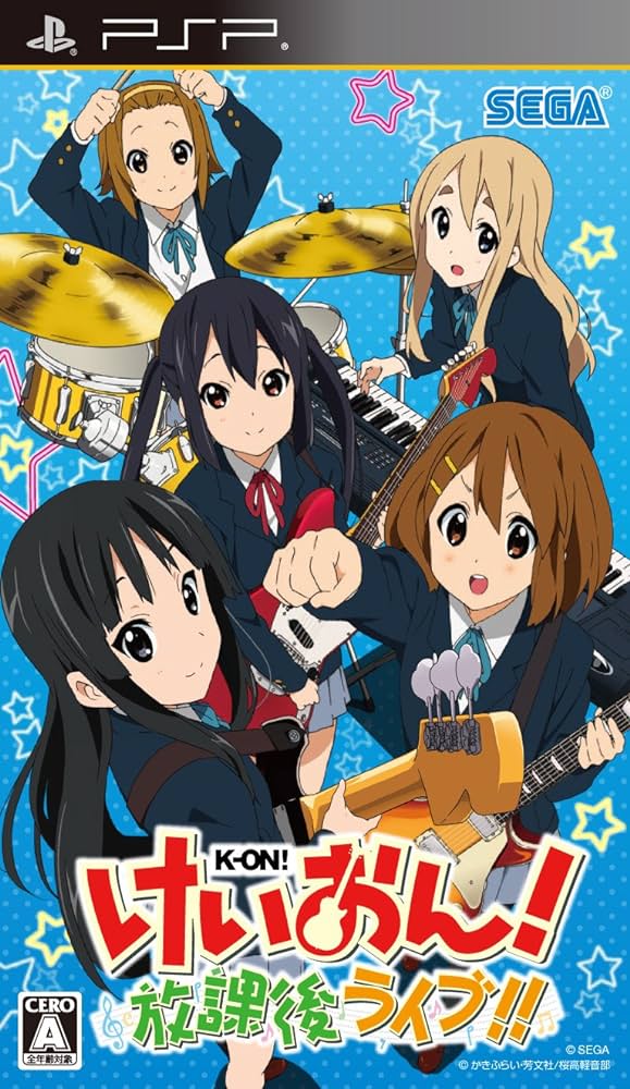 the cover of k-on houkago live. it has a mostly blue palette, featuring the main cast holding their instruments.